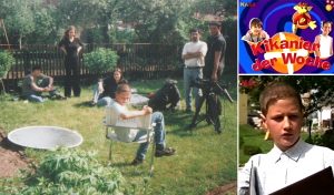 Kamerateam mit Björn im Garten während eines Drehs für einen KiKA-Beitrag