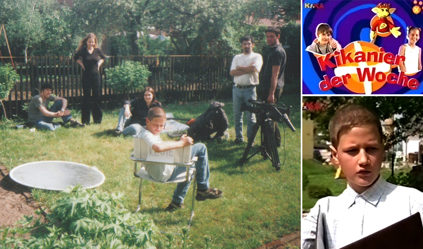 Kamerateam mit Björn im Garten während eines Drehs für einen KiKA-Beitrag