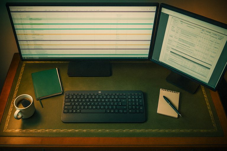 Arbeitsplatz mit Drehplan auf zwei Monitoren, Vorbereitung und Organisation einer Filmproduktion