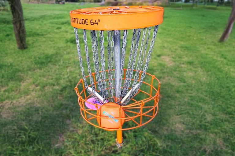 Ein Discgolf Korb in einer Parkanlage