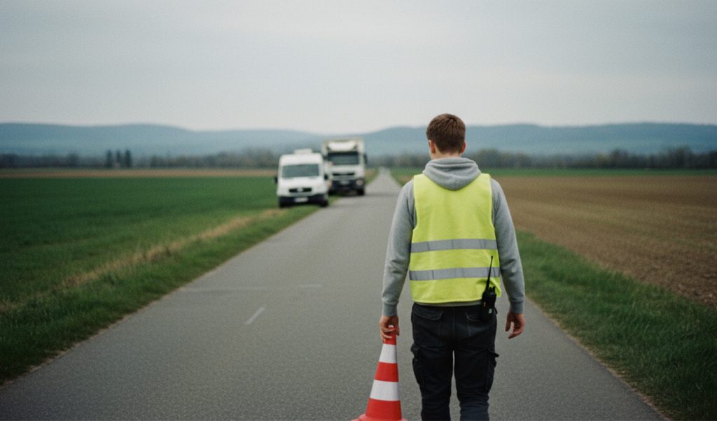 Set-Runner sichert mit Warnweste und Verkehrskegel eine Landstraße während einer Filmproduktion.