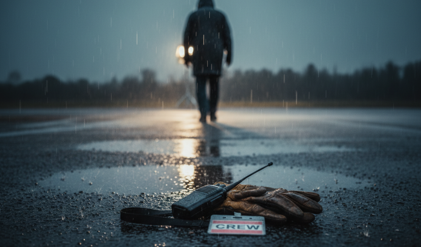 Set-Runner geht bei Regen über eine nasse Straße, während Funkgerät, Handschuhe und Crew-Ausweis am Boden liegen