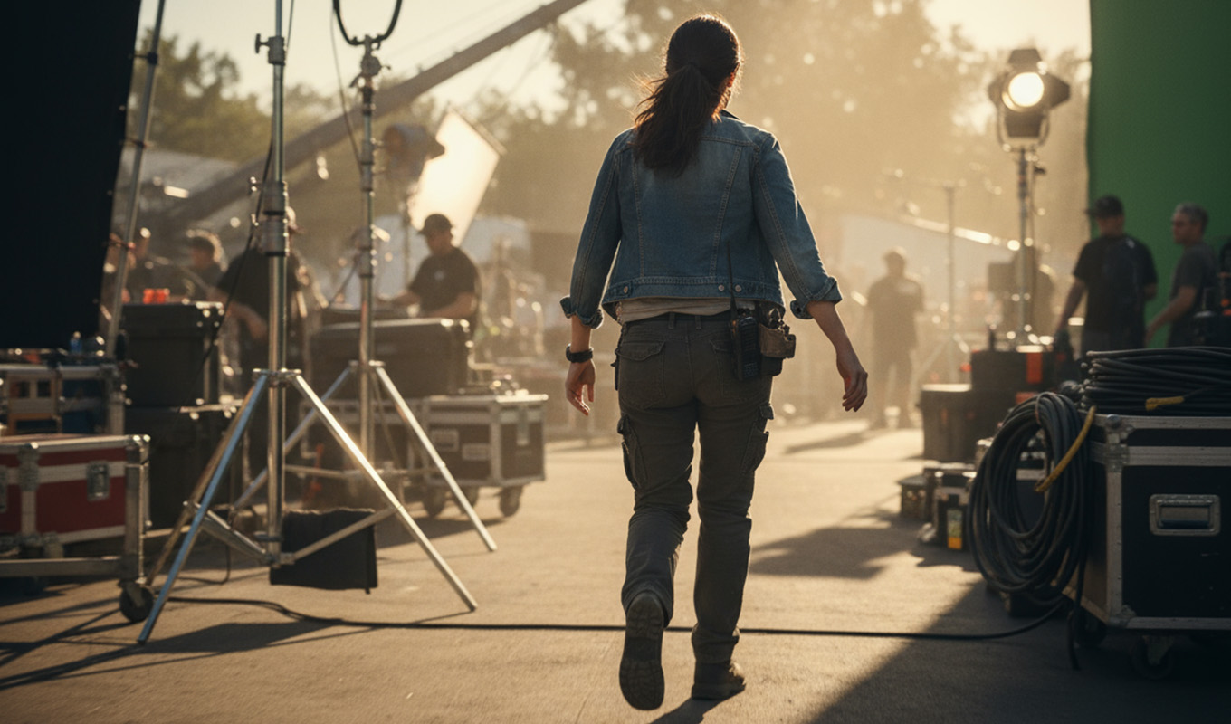 Frau von hinten, die sich auf ein Filmset mit Lichtstativen und Crew bewegt.