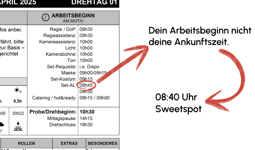 Ausschnitt aus einer Tagesdisposition mit markiertem Arbeitsbeginn für Set-AL und Hinweis, dass Arbeitsbeginn nicht Ankunftszeit ist