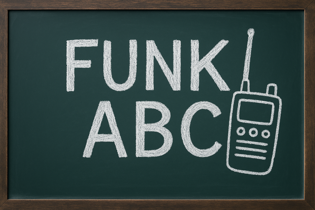 Tafel mit Funkgerät und der Aufschrift „Funk ABC“ als Einführung in Walkie-Talkie-Grundlagen am Filmset
