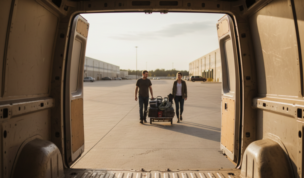 Set-Runner beim Beladen eines Transporters am ersten Arbeitstag einer Filmproduktion