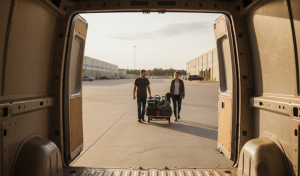 Set-Runner beim Beladen eines Transporters am ersten Arbeitstag einer Filmproduktion