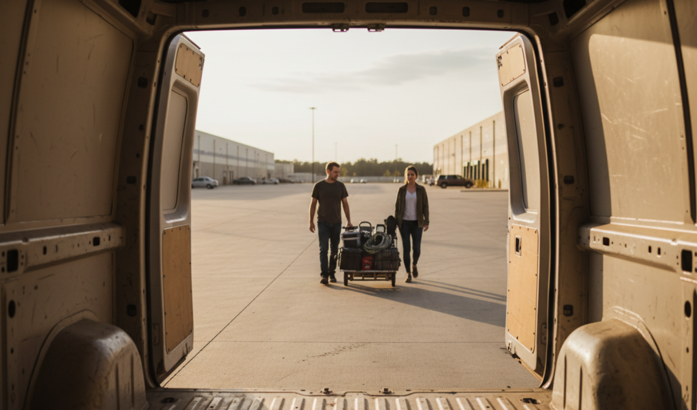 Set-Runner beim Beladen eines Transporters am ersten Arbeitstag einer Filmproduktion