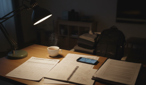 Schreibtisch im Abendlicht mit Dispo, Drehbuch, Notizblock und Smartphone, daneben eine Tasse Tee und ein gepackter Rucksack – Vorbereitung auf den ersten Drehtag.