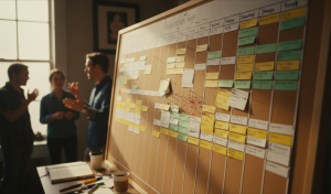 Aufnahmeleitung bespricht den Drehplan an einer Planungstafel während der Vorbereitung einer Filmproduktion