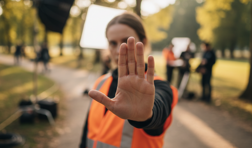 Set-Runner in Warnweste hält die Hand in Stopp-Geste zur Kamera, Gesicht und Filmset im Hintergrund unscharf.