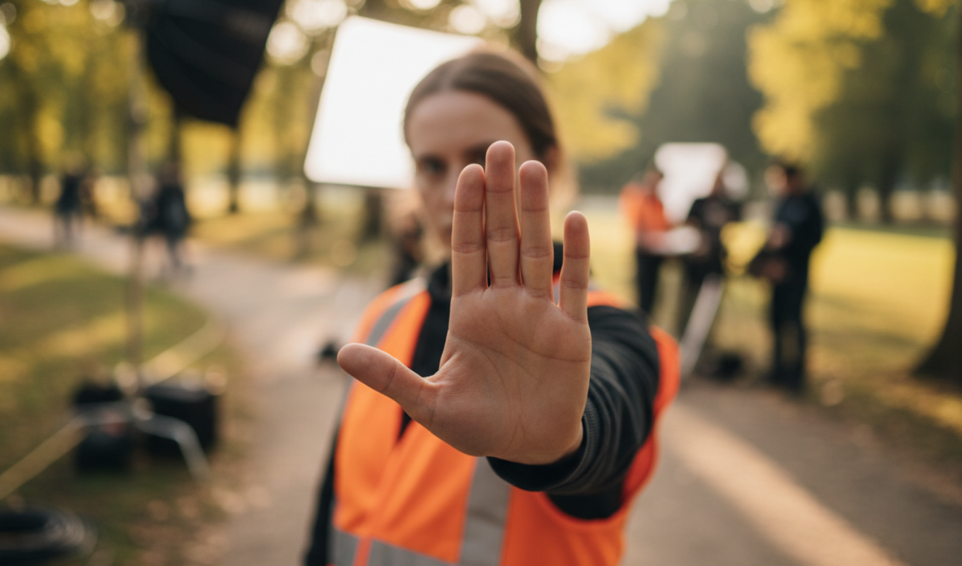 Set-Runner in Warnweste hält die Hand in Stopp-Geste zur Kamera, Gesicht und Filmset im Hintergrund unscharf.
