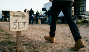 Set-Runner geht am frühen Morgen an einem handgemachten Wegweiser mit der Aufschrift „SET“ vorbei, im Hintergrund unscharf ein Filmset mit Team und Fahrzeugen.