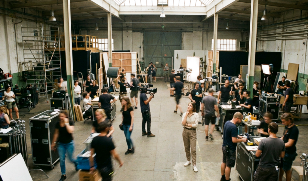 Filmset mit arbeitender Crew, Kameratechnik und Licht, eine Set-Runner*in steht ruhig im Zentrum des Set-Alltags