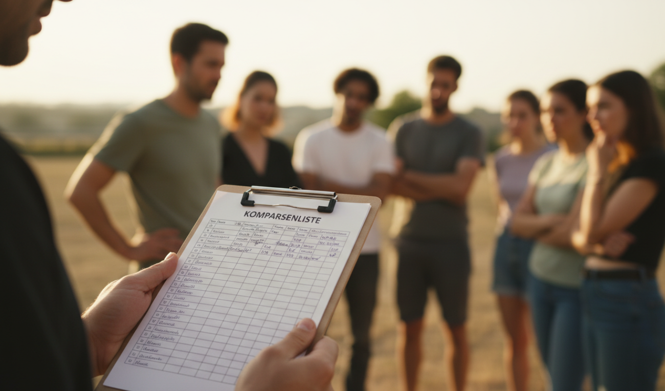 Eine Person hält eine Komparsenliste auf einem Klemmbrett, während sie einer kleinen Gruppe unscharf dargestellter Komparsen im Hintergrund etwas erklärt, draußen an einer Film-Base.