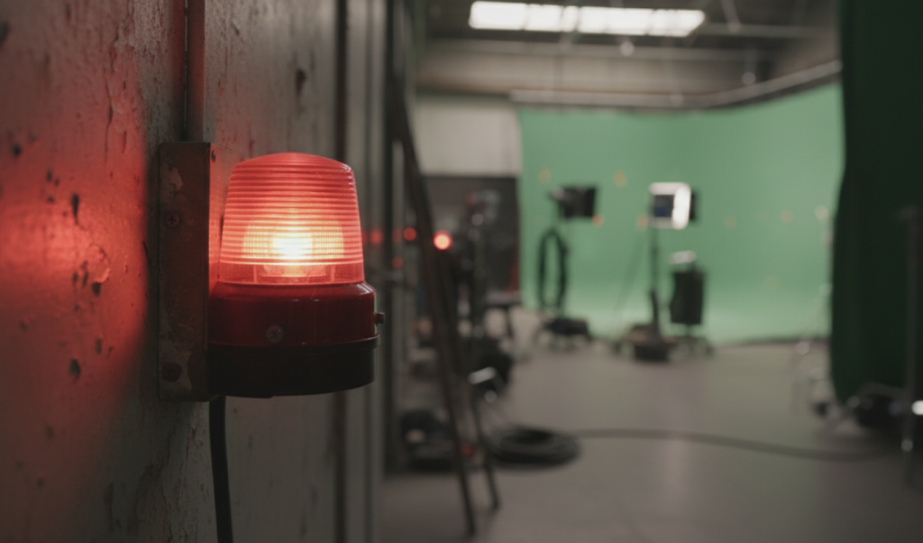 Leuchtende rote Rundumleuchte an der Wand eines Filmstudios, im Hintergrund unscharfer Drehbetrieb.