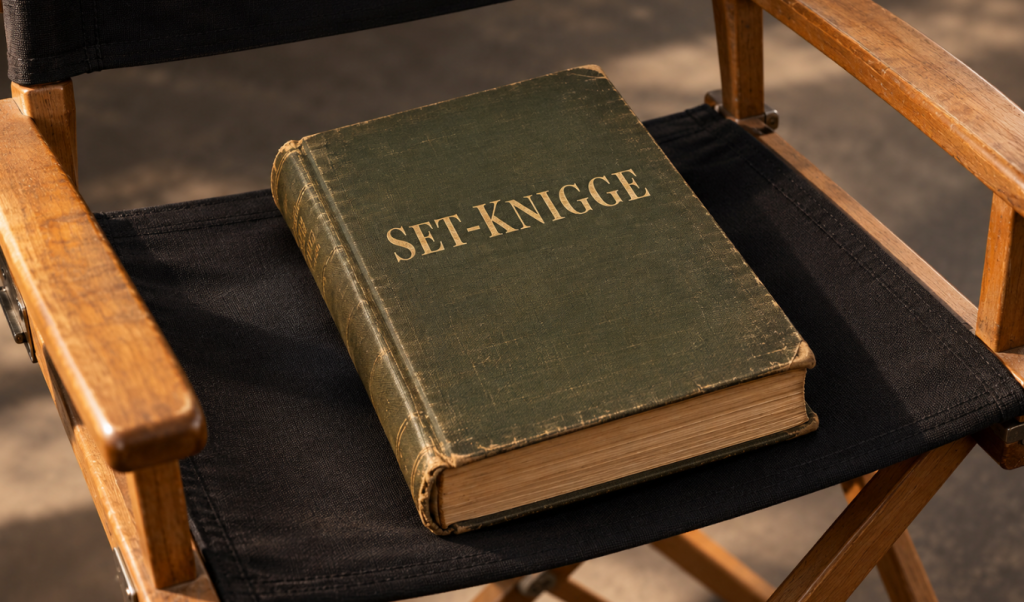 Abgegriffenes Buch mit der goldenen Aufschrift „SET-KNIGGE“ auf der schwarzen Sitzfläche eines hölzernen Regiestuhls.