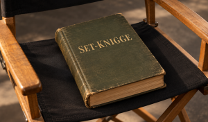 Abgegriffenes Buch mit der goldenen Aufschrift „SET-KNIGGE“ auf der schwarzen Sitzfläche eines hölzernen Regiestuhls.