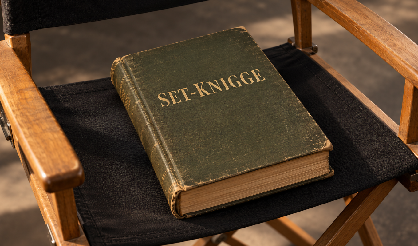 Abgegriffenes Buch mit der goldenen Aufschrift „SET-KNIGGE“ auf der schwarzen Sitzfläche eines hölzernen Regiestuhls.
