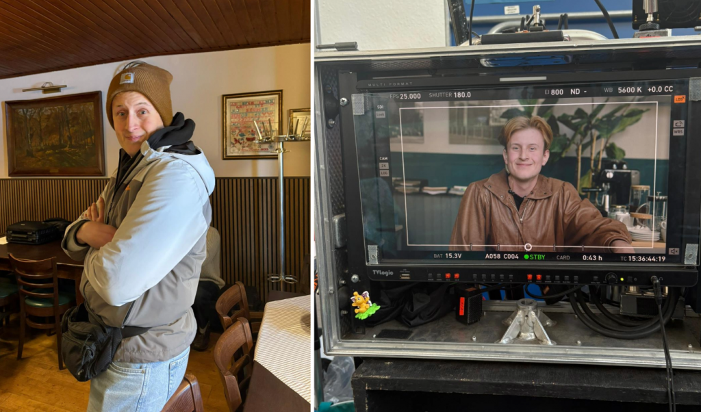 Artur Burgemeister am Filmset, links im Winteroutfit, rechts auf einem Monitor als Lichtdouble.