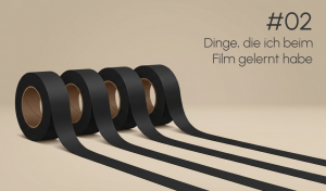 Minimalistische Illustration von mehreren Rollen schwarzem Gaffer Tape mit langen Tape-Streifen – Symbolbild für Geduldsfäden aus Gaffa am Filmset.