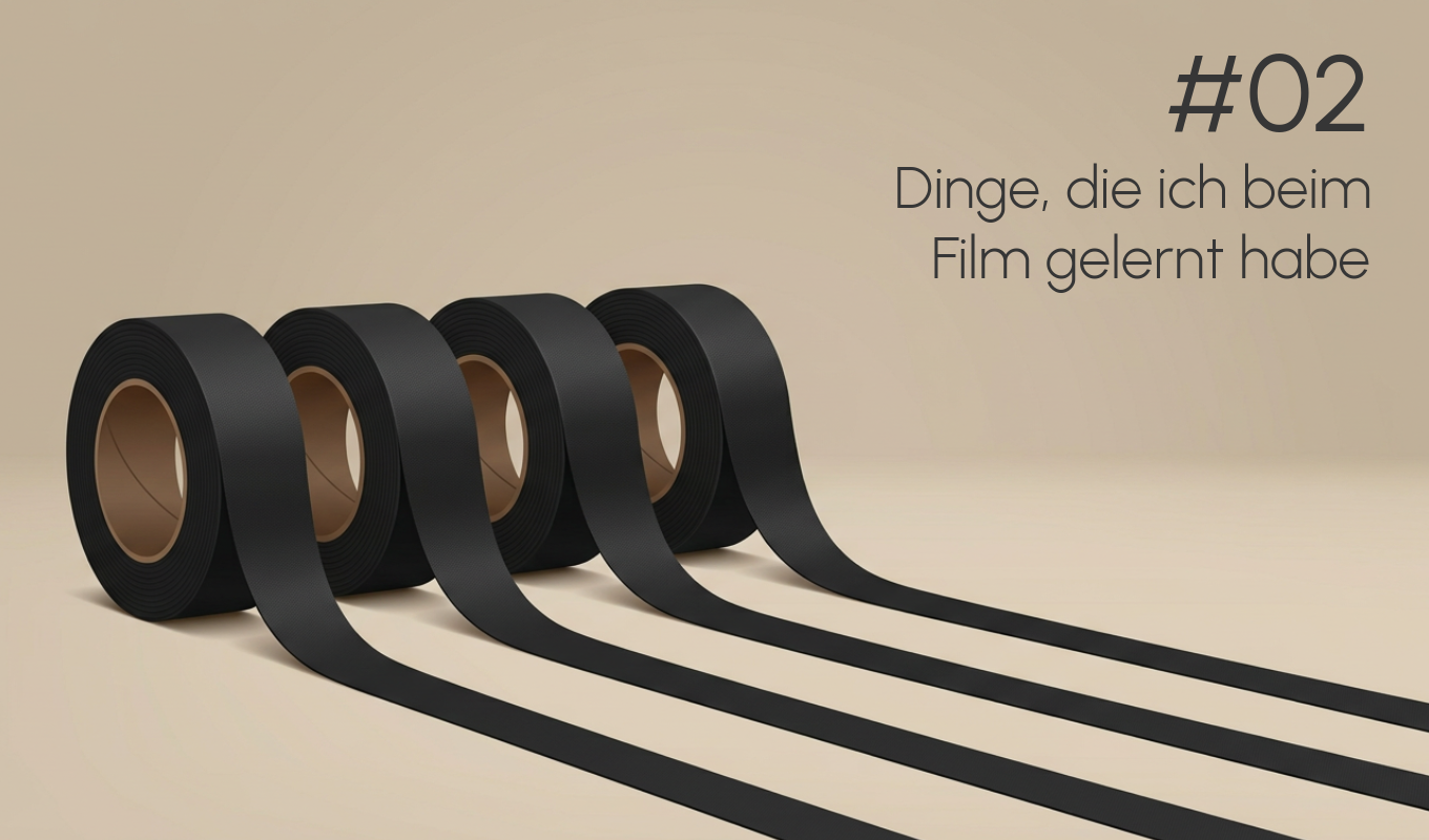 Minimalistische Illustration von mehreren Rollen schwarzem Gaffer Tape mit langen Tape-Streifen – Symbolbild für Geduldsfäden aus Gaffa am Filmset.