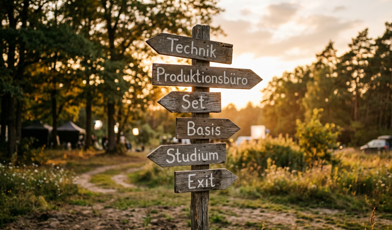 Wegweiser mit Richtungen wie Produktionsbüro, Technik, Set, Basis, Studium und Exit als Symbol für mögliche Wege nach dem Job als Set-Runner*in