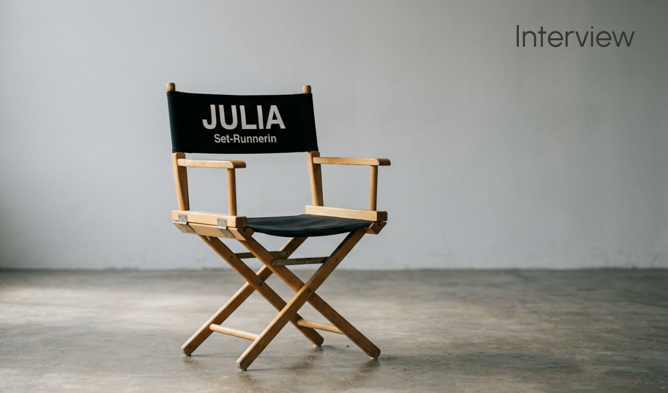 Regiestuhl mit der Aufschrift „Julia – Set-Runnerin“ als Symbol für den Karriereweg vom Set-Runner zur Regie.