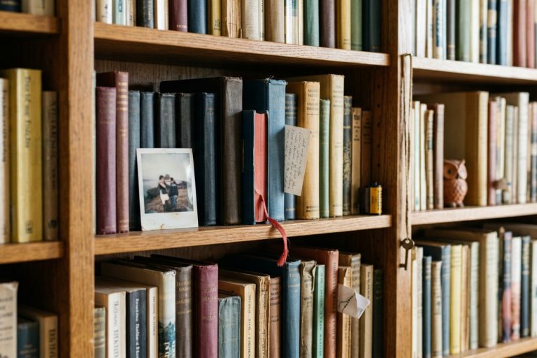 Ein wohnliches Bücherregal mit vielen gesammelten Büchern und kleinen Details, das Neugier weckt und die Freude am Lesen zeigt.