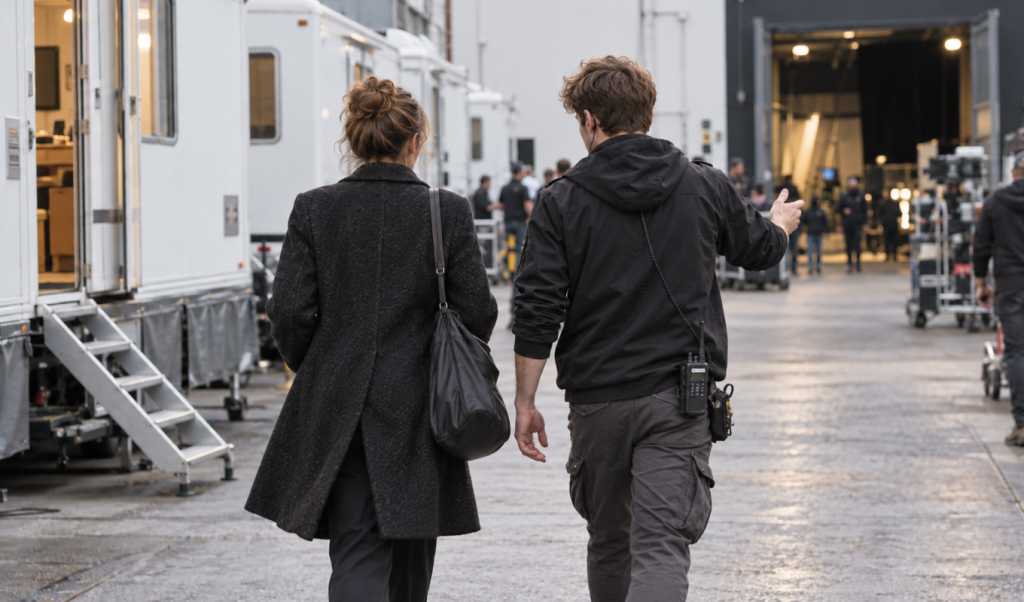 Set-Runner mit Funkgerät begleitet eine Schauspielerin von den Aufenthaltsmobilen zum Filmset, beide von hinten zu sehen.