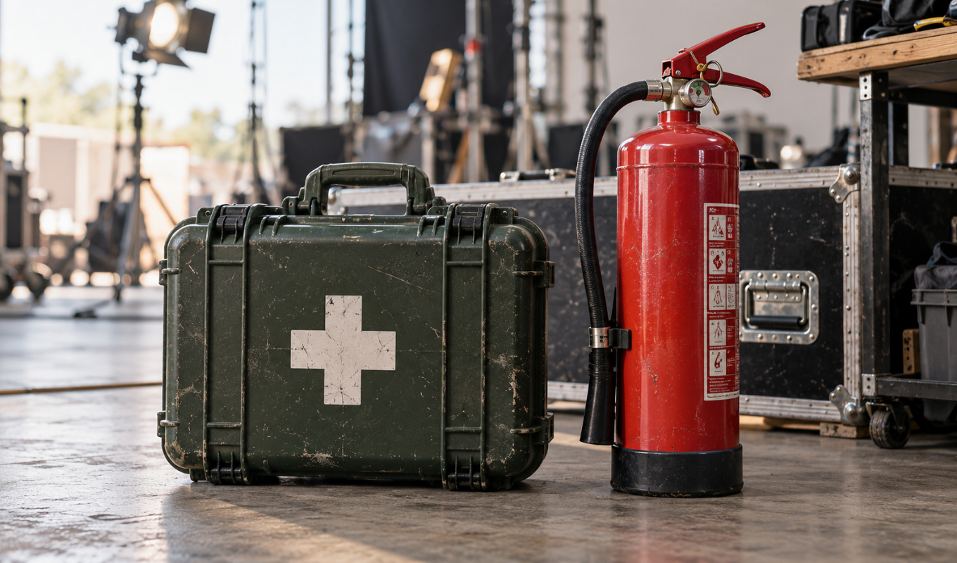 Grüner Erste-Hilfe-Koffer und roter Feuerlöscher an einem Filmset, mit unscharfer Filmtechnik im Hintergrund.