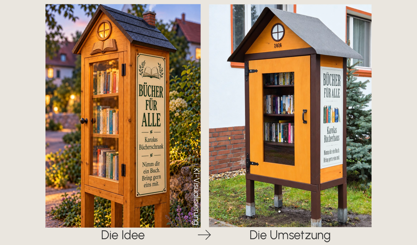 Karolas Bücherhaus im Vergleich: links die KI-Visualisierung, rechts das fertig gebaute Bücherhaus mit honigfarbenem Holz, rundem Giebelfenster und Bücherschild.